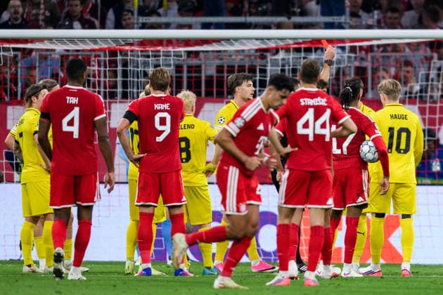 September 10, 2026: Odin Bjortuft of Bodo Glimt is shown a red card during the UEFA Champions League soccer match between Bayern Munich and Bodo Glimt on September 10, 2026 in Munich. Photo: Marius Simensen, BILDBYRAN COP 238 MM0073 bbeng football fotball fotboll soccer UEFA Champions League Mesterligaen Bodo Glimt Bayern Munich depp  Copyright: MARIUSxSIMENSEN BB260910BB935