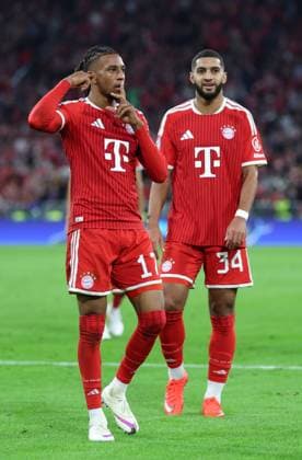 September 10, 2026, GER, Soccer, Men s, UEFA Champions League, Group Stage, 2026–2027 Season, Matchday 1, FC Bayern Munich vs. FK Bodø Glimt, Goal Celebration, Cheering, Goal Scorer(s), Michael Olise (FC Bayern Munich, No. 17) celebrates the 4–0 goal; on the right, Ismael Saibari (FC Bayern Munich, No. 34), Munich, Allianz Arena, Bayern, Germany Copyright: xNordphoto Schneiderx