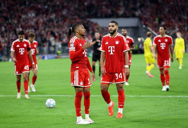 Soccer, Men s, Champions League, 2026–2027 Season, FC Bayern Munich vs. FK Bodø Glimt, Matchday 1, Allianz Arena, 4–0 goal by Michael Olise for FC Bayern Munich; celebration here with Ismael Saibari of FC Bayern Munich re