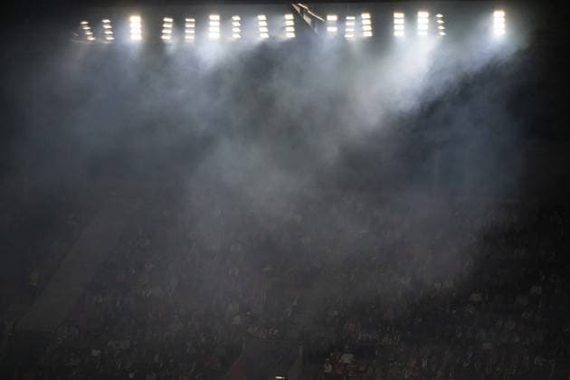 pyrosmoke with stadium lights during UEFA Champions league match, SK Slavia Praha - RC Lens , 10 september 2026, Fortuna Arena, Praha, Czech republic Copyright: xMICHALxFAJT,ZOSPORTU.SKx MAR_1691