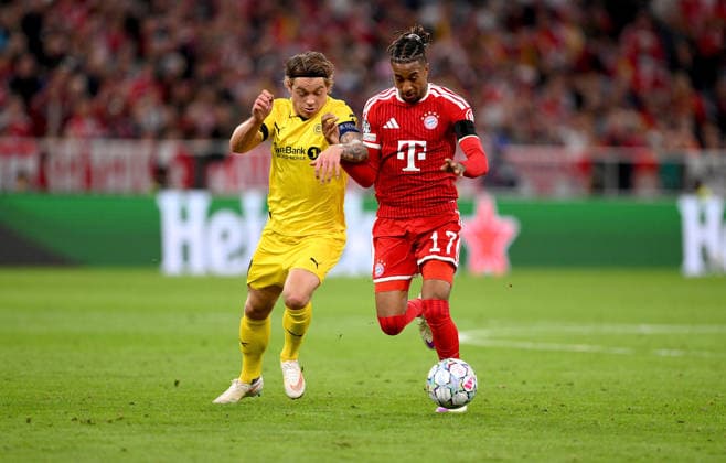 SOCCER CHAMPIONS LEAGUE 2026–2027 SEASON Preliminary Round, Matchday 1, September 10, 2026: FC Bayern Munich vs. FK Bodø Glimt; Patrick Berg (left), FK Bodø Glimt, vs. Michael Olise (right), FC Bayern Munich