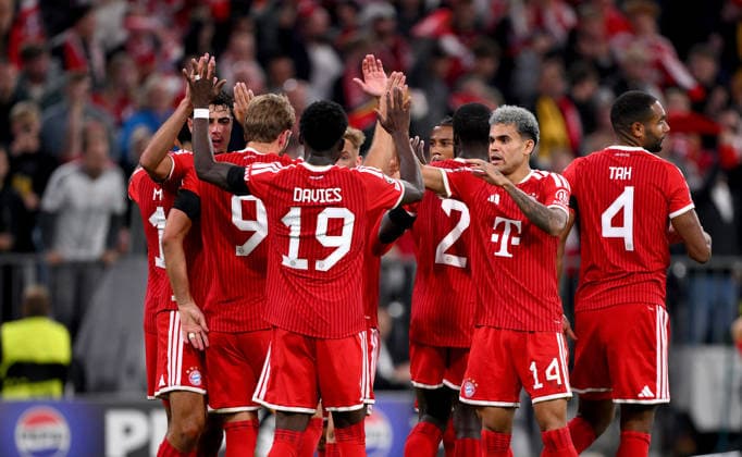 SOCCER CHAMPIONS LEAGUE 2026–2027 SEASON Preliminary Round, Matchday 1, September 10, 2026 FC Bayern Munich vs. FK Bode Glimt FC Bayern Munich celebrates after scoring the 2–0 goal, from left: goal scorers Harry Kane, Alphonso Davies, Luis Diaz