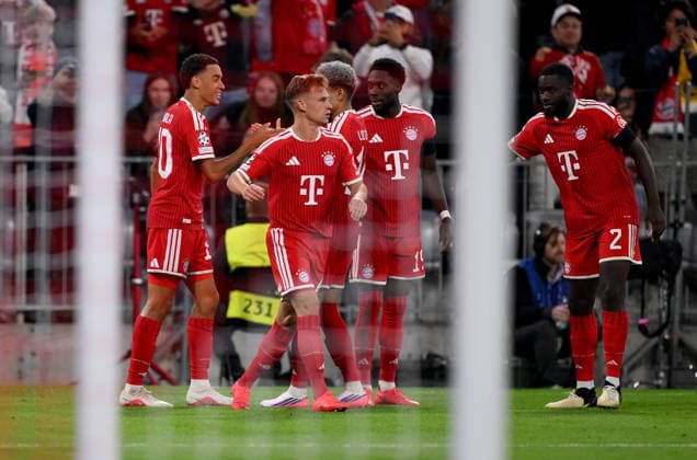SOCCER CHAMPIONS LEAGUE 2026–2027 SEASON Preliminary Round, Matchday 1, September 10, 2026: FC Bayern Munich vs. FK Bodø Glimt. FC Bayern Munich celebrates after scoring the 1–0 goal, from left: Jamal Musiala, Joshua Kimmich, Alphonso Davies, Dayot Upamecano