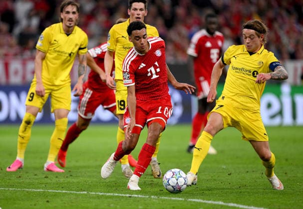 SOCCER CHAMPIONS LEAGUE 2026–2027 SEASON, Preliminary Round, Matchday 1, September 10, 2026: FC Bayern Munich vs. FK Bodø Glimt; Jamal Musiala (left), FC Bayern Munich, vs. Patrick Berg (right), FK Bodø Glimt