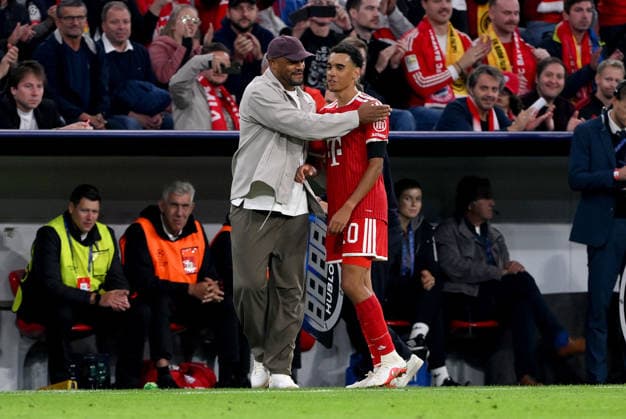 SOCCER CHAMPIONS LEAGUE 2026–2027 SEASON Preliminary Round, Matchday 1, September 10, 2026: FC Bayern Munich vs. FK Bodø Glimt; Coach Vincent Kompany (left), FC Bayern Munich substitution: Jamal Musiala (right), FC Bayern Munich