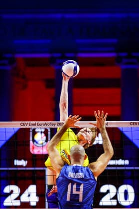 Svezia s Jacob Ekman during the opening match of the CEV Enel Eurovolley 2026, between Italy and Sweden, Piazza del Plebiscito, Naples, September 10, 2026.  Copyright: xAlessandroxGarofalo LaPressex