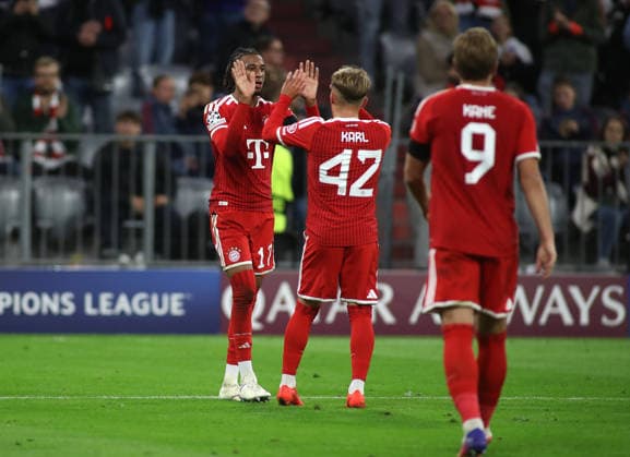 Soccer, Men s, Champions League, 2026–2027 Season, FC Bayern Munich vs. FK Bodø Glimt, Matchday 1, Allianz Arena, 5–0 goal by Michael Olise for FC Bayern Munich, celebrating with Lennart Karl of FC Bayern Munich