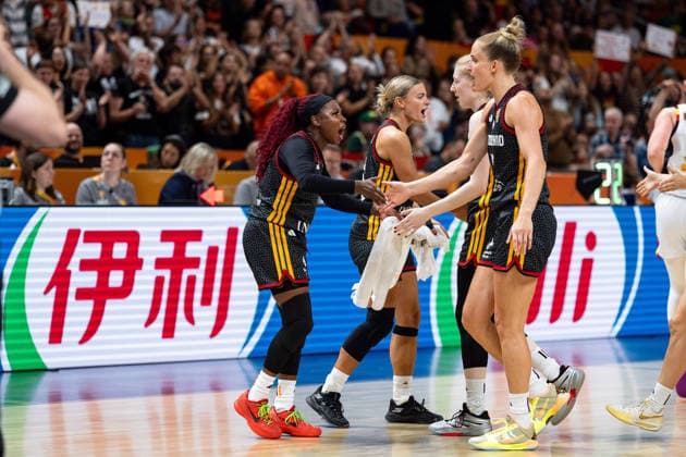 Alexis Peterson (Germany), 01; Alexandra Wilke (Germany), 03; Frieda Buehner (Germany), 20; and Leonie Fiebich (Germany), 13, celebrate; GER, Belgium vs. Germany, basketball, 2026 FIBA Women’s World Cup, Quarterfinals, September 10, 2026 GER, Belgium vs. Germany, Basketball, 2026 FIBA Women’s World Cup, Quarterfinals, September 10, 2026 Berlin Copyright: xEibner-Pressefoto MaxxVincenx EP_MVN