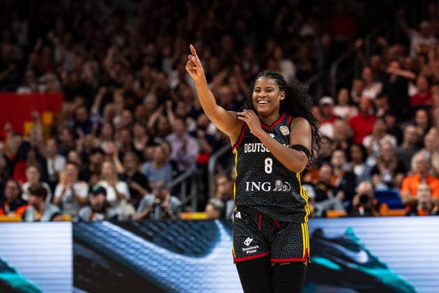 Nyara Sabally, Germany, 08, celebrating, single frame, single photo, portrait, cutout, GER, Belgium vs. Germany, basketball, FIBA Women’s World Cup 2026, Quarterfinals, September 10, 2026 GER, Belgium vs. Germany, Basketball, FIBA Women’s World Cup 2026, Quarterfinals, September 10, 2026 Berlin Copyright: xEibner-Pressefoto MaxxVincenx EP_MVN