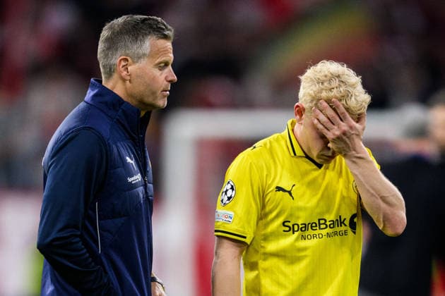 September 10, 2026 Head coach Kjetil Knutsen and Sondre Auklend of Bodo Glimt look dejected after the UEFA Champions League soccer match between Bayern Munich and Bodo Glimt on September 10, 2026 in Munich. Photo by Marius Simensen, BILDBYRAN COP 238 MM0073 bbeng football soccer UEFA Champions League Bodo Glimt Bayern Munich depp  Copyright: MARIUSxSIMENSEN BB260910BB972
