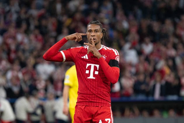 GER, Bavaria, Munich, Soccer, FC Bayern Munich vs. FK Bodo Glimt, at the Allianz Arena, Munich, Champions League, Group Stage, Matchday 1, September 10, 2026, from left: Michael Akpovie Olise, FC Bayern Munich, 17, goal celebration, joy, emotions, cheering, celebration, goal scored, Celebrate, goal celebration, joy, emotions, celebration, cheering, goal scored, celebrate, portrait, single image, cutout. UEFA regulations prohibit any use of photographs as image sequences and or quasi-video, Copyright: HMB-Media MichaelxNibel