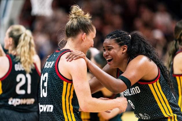 Leonie Fiebich (Germany), 13, and Nyara Sabally (Germany), 8, celebrate after the victory at the end of the game, GER, Belgium vs. Germany, Basketball, FIBA Women s World Cup 2026, Quarterfinals, September 10, 2026, GER, Belgium vs. Germany, Basketball, 2026 FIBA Women’s World Cup, Quarterfinals, September 10, 2026, Berlin Copyright: xEibner-Pressefoto MaxxVincenx EP_MVN
