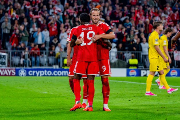 UEFA Champions League, Matchday 1, FC Bayern Munich vs. Bodo Glimt on September 10, 2026. Alphonso Davies scores the 3-0 goal; here with Alphonso Davies and Harry Kane Copyright: xBahhoxKarax