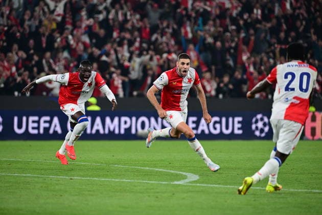 Danijel Sturm of Slavia, center, celebrates his side s second goal during the Football Champions League opening round match Slavia Prague vs RC Lens on September 10, 2026, in Prague, Czech Republic. (CTKxPhoto MichalxKamaryt) CTKPhotoP2026091010848  CTKPhotoP2026091010848