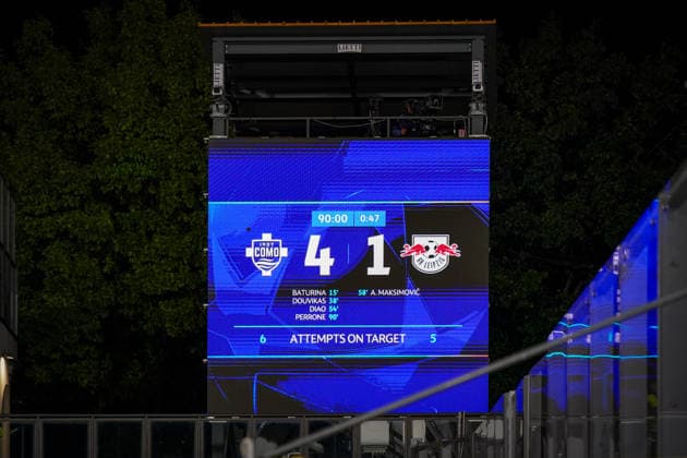 Italy Soccer UEFA Champions League 2026–2027, Matchday 1: Como 1907 vs. RB Leipzig, Giuseppe Sinigaglia Stadium, Como—Final Score, Scoreboard Copyright: xJOERANxSTEINSIEKx