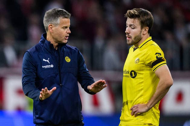 September 10, 2026: Head coach Kjetil Knutsen and Fredrik Bjorkan of Bodo Glimt during the UEFA Champions League soccer match between Bayern Munich and Bodo Glimt on September 10, 2026 in Munich. Photo by Marius Simensen, BILDBYRAN COP 238 MM0073 bbeng football soccer UEFA Champions League Bodo Glimt Bayern Munich  Copyright: MARIUSxSIMENSEN BB260910BB992