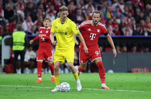 September 10, 2026, GER, Soccer, Men s, UEFA Champions League, Group Stage, 2026–2027 Season, Matchday 1, FC Bayern Munich vs. FK Bodo Glimt: Ulrik Saltnes (FK Bodo Glimt) in a duel with Harry Kane; FC Bayern Munich 0–9 at the Allianz Arena in Munich, Bavaria, Germany Copyright: xNordphoto Schneiderx