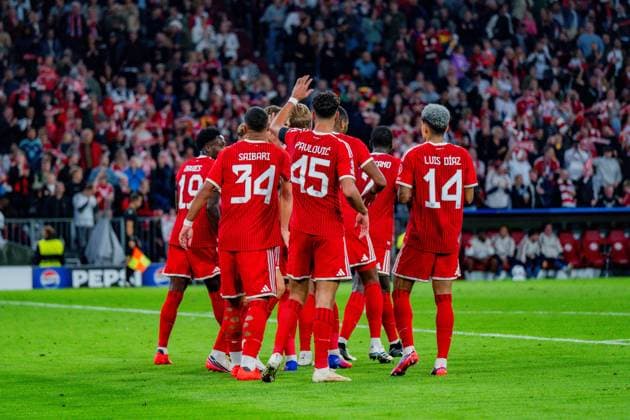 UEFA Champions League, Matchday 1, FC Bayern Munich vs. Bodo Glimt on September 10, 2026. Goal to make it 3-0 by Alphonso Davies. Pictured here are Alphonso Davies, Harry Kane, Saibari, Aleksandar Pavlovic, and Luis Diaz. Copyright: xBahhoxKarax