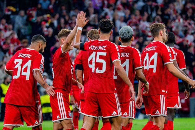 UEFA Champions League, Matchday 1, FC Bayern Munich vs. Bodo Glimt on September 10, 2026. Goal to make it 3–0 by Alphonso Davies. Pictured here are Alphonso Davies, Harry Kane, Joshua Kimmich, Saibari, Aleksandar Pavlovic, Josip Stanisic, and Luis Diaz. Copyright: xBahhoxKarax