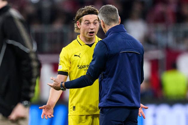September 10, 2026: Patrick Berg and Head Coach Kjetil Knutsen of Bodo Glimt after the UEFA Champions League soccer match between Bayern Munich and Bodo Glimt on September 10, 2026 in Munich. Photo by Marius Simensen, BILDBYRAN COP 238 MM0073 bbeng football soccer UEFA Champions League Bodo Glimt Bayern Munich  Copyright: MARIUSxSIMENSEN BB260910BB998