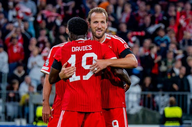 UEFA Champions League, Matchday 1, FC Bayern Munich vs. Bodo Glimt on September 10, 2026. Alphonso Davies scores the 3-0 goal; here with Alphonso Davies and Harry Kane Copyright: xBahhoxKarax