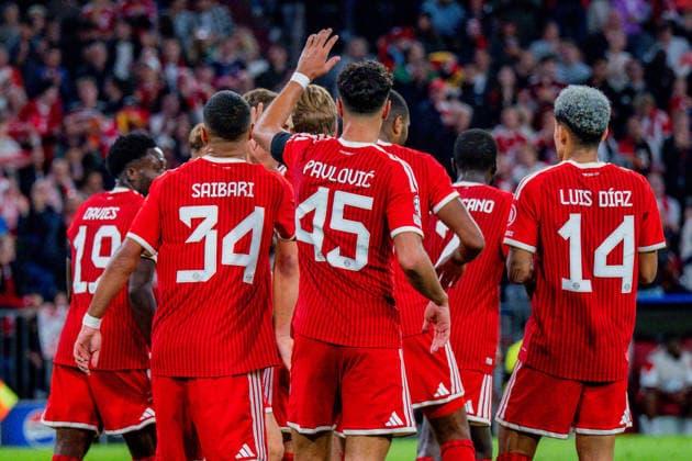 UEFA Champions League, Matchday 1, FC Bayern Munich vs. Bodo Glimt on September 10, 2026. Goal to make it 3-0 by Alphonso Davies. Pictured here: Alphonso Davies, Harry Kane, Saibari, Aleksandar Pavlovic, Luis Diaz Copyright: xBahhoxKarax