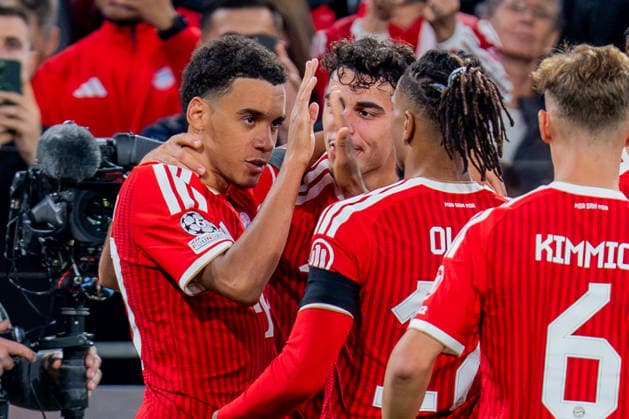 UEFA Champions League, Matchday 1, FC Bayern Munich vs. Bodo Glimt on September 10, 2026: Goal and celebration for the 1-0 lead by Jamal Musiala, with Konrad Laimer, Joshua Kimmich, and Michael Olise Copyright: xBahhoxKarax