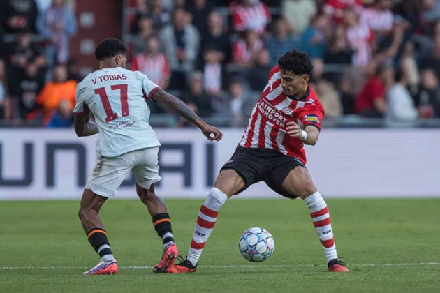 Vinicius Tobias and Ricardo Pepi seen during UEFA Champions League 26 27 League Phase - Matchday 1 match between teams of PSV Eindhoven and FC Shakhtar Donetsk (Jan Borys Ball Raw Images) Eindhoven Philips Stadion Netherlands Copyright: xJanxBorysx janborys_psv_shakhtar_2627-90