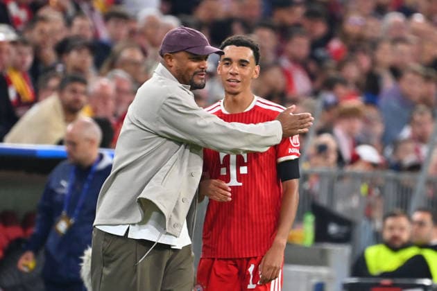 Coach Vincent KOMPANY of Bayern Munich with Jamal MUSIALA of Bayern Munich after being substituted in a Champions League soccer match, 2026–27 season, group stage: FC Bayern Munich vs. Bodø Glimt, 5–0 on September 10, 2026
