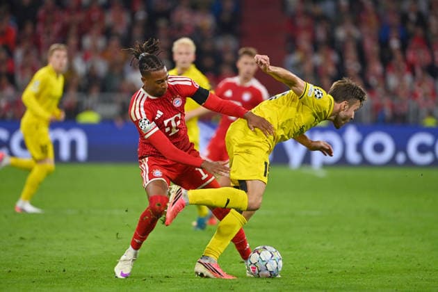 Michael OLISE, Bayern Munich, Action, Tackle against Fredrik Bjoerka, Glimt, Soccer, Champions League, 2026–27 Season, Group Stage: FC Bayern Munich vs. Bodø Glimt, 5–0, on September 10, 2026