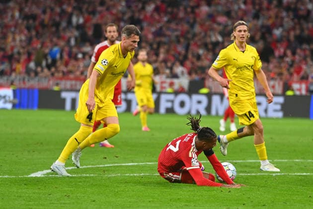 Odin Bjoertuft (Glimt), Action, Tackle against Michael Olise (Bayern Munich), Professional foul, Red card, Ejection, Soccer, Champions League, 2026–27 season, League stage: FC Bayern Munich vs. Bodo Glimt, 5–0 on September 10, 2026
