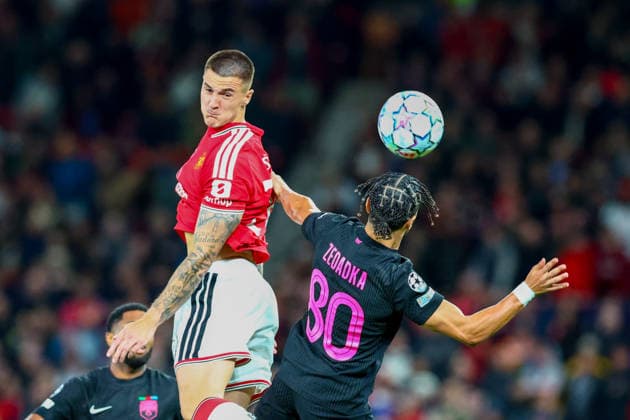 RECORD DATE NOT STATED 10th September 2026; Old Trafford, Manchester, England; UEFA Champions League Football, Manchester United, ManU versus Sabah; Benjamin Sesko of Manchester United rises to win the aerial ball against Akim Zedadka of Sabah FK RogerxEvans