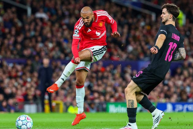 RECORD DATE NOT STATED 10th September 2026; Old Trafford, Manchester, England; UEFA Champions League Football, Manchester United, ManU versus Sabah; Noussair Mazraoui of Manchester United shoots at goal RogerxEvans