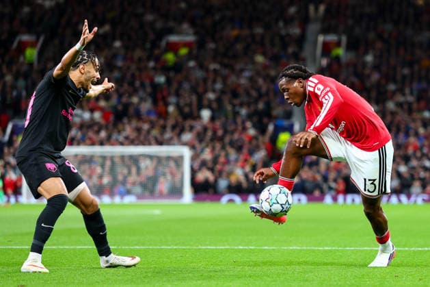 RECORD DATE NOT STATED 10th September 2026; Old Trafford, Manchester, England; UEFA Champions League Football, Manchester United, ManU versus Sabah; Patrick Dorgu of Manchester United attacks the Sabah defence with Akim Zedadka of Sabah FK RogerxEvans