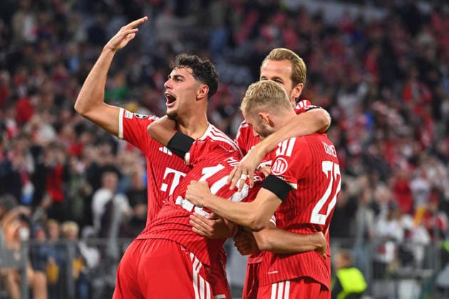 Goal celebration for Jamal MUSIALA of Bayern Munich, with (from left) Aleksandar PAVLOVIC of Bayern Munich, Konrad LAIMER of Bayern Munich, and Harry KANE of Bayern Munich after the goal that made it 1–0, Celebration, Joy, Excitement, Action, Soccer Champions League, 2026–27 Season, Group Stage: FC Bayern Munich vs. Bodo Glimt 5–0 on September 10, 2026