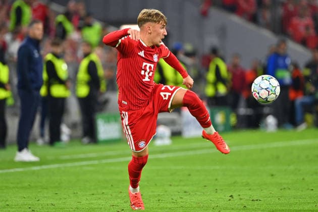 Lennart KARL Bayern Munich in action, individual play, single frame, cutout, full-body shot, full figure, soccer, Champions League, 2026–27 season, League stage: FC Bayern Munich vs. Bodo Glimt 5–0 on September 10, 2026