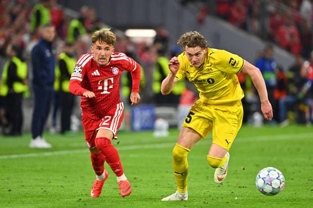 Lennart KARL, Bayern Munich; Action; Tackle against Fredrik Bjoerka, Glimt; Soccer; Champions League; 2026–27 Season; Group Stage; FC Bayern Munich vs. Bodo Glimt, 5–0, on September 10, 2026