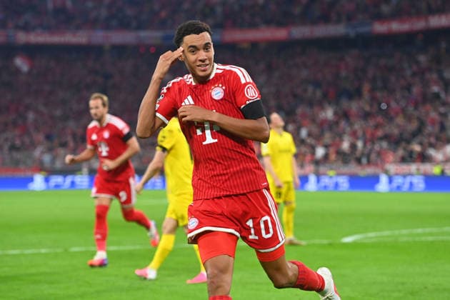 Jamal MUSIALA of Bayern Munich celebrates after scoring the 1-0 goal; celebration, joy, excitement, action, single frame, cropped close-up, half-figure, soccer Champions League, 2026-27 season, League stage: FC Bayern Munich vs. Bodø Glimt 5–0 on September 10, 2026