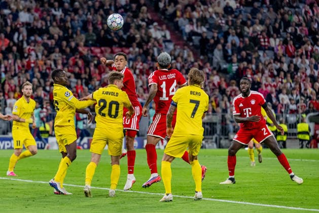 Battle for the ball between Joshua Kitolano (FK Bodo Glimt, 16), Fredrik Sjovold (FK Bodo Glimt, 20), Jamal Musiala (FC Bayern Munich, 10), Luis Diaz (FC Bayern Munich, 14), Patrick Berg (FK Bodo Glimt, 07, and Dayot Upamecano, FC Bayern Munich, 02 GER, FC Bayern Munich vs. FK Bodo Glimt, Soccer, UEFA Champions League, Group Stage, Matchday 1, 2026–2027 Season, September 10, 2026 DFL DFB REGULATIONS PROHIBIT ANY USE OF PHOTOGRAPHS AS IMAGE SEQUENCES AND OR QUASI-VIDEO Photo: HMB Media, Heike Feiner Copyright: HMBxMedia HeikexFeiner