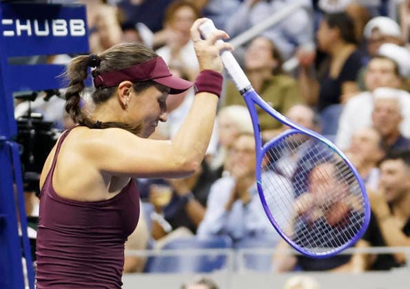 Jessica Pegula throws her racquet after losing a point to Aryna Sabalenka of Belarus in the second set in the Women s semifinals in Arthur Ashe Stadium at the 2026 US Open Tennis Championship at the USTA Billie Jean King National Tennis Center in New York City on Thursday, September 10, 2026. Sabalenka defeated Pegula in straight sets to advance to the finals.  NYP20260910206 JOHNxANGELILLO