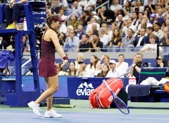 Jessica Pegula throws her racquet after losing a point to Aryna Sabalenka of Belarus in the second set in the Women s semifinals in Arthur Ashe Stadium at the 2026 US Open Tennis Championship at the USTA Billie Jean King National Tennis Center in New York City on Thursday, September 10, 2026. Sabalenka defeated Pegula in straight sets to advance to the finals.  NYP20260910207 JOHNxANGELILLO
