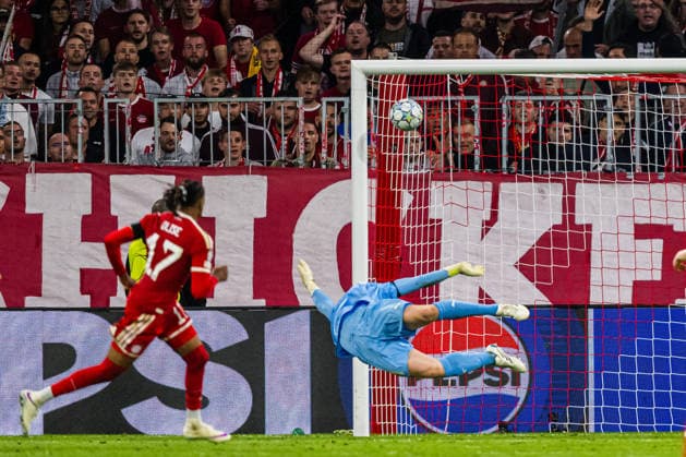 September 10, 2026: Michael Olise of Bayern Munich scores the 5-0 goal past goalkeeper Julian Faye Lund of Bodo Glimt during the UEFA Champions League soccer match between Bayern Munich and Bodo Glimt on September 10, 2026 in Munich. Photo by Marius Simensen, BILDBYRAN COP 238 MM0073. Bayern Munich, BBENG, Bodo Glimt, football, soccer, UEFA Champions League  Copyright: MARIUSxSIMENSEN BB260910ZH012