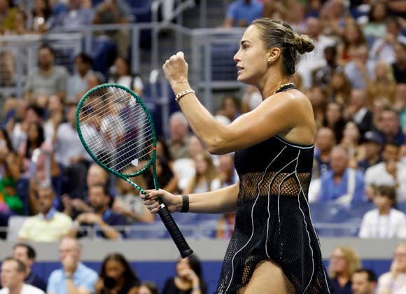 Aryna Sabalenka of Belarus celebrates after match point in the Women s semifinals against Jessica Pegula in Arthur Ashe Stadium at the 2026 US Open Tennis Championship at the USTA Billie Jean King National Tennis Center in New York City on Thursday, September 10, 2026. Sabalenka defeated Pegula in straight sets to advance to the finals.  NYP20260910216 JOHNxANGELILLO