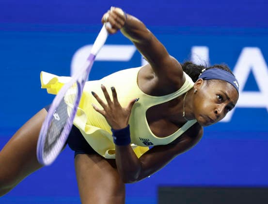 Coco Gauff serves to Elena Rybakina of Kazakhstanin in the Women s Semifinal Arthur Ashe Stadium at the 2026 US Open Tennis Championship at the USTA Billie Jean King National Tennis Center in New York City on Thursday, September 10, 2026.  NYP20260910220 JOHNxANGELILLO
