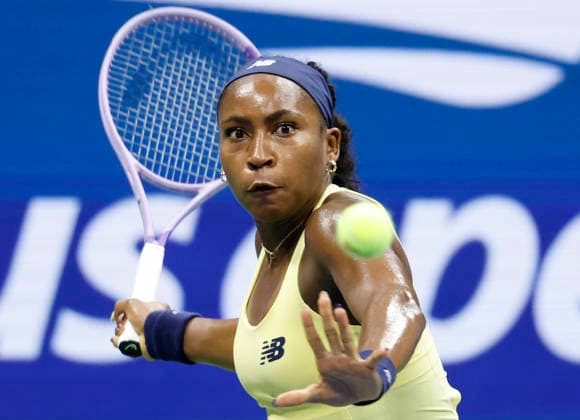 Coco Gauff serves to Elena Rybakina of Kazakhstanin in the Women s Semifinal Arthur Ashe Stadium at the 2026 US Open Tennis Championship at the USTA Billie Jean King National Tennis Center in New York City on Thursday, September 10, 2026.  NYP20260910221 JOHNxANGELILLO