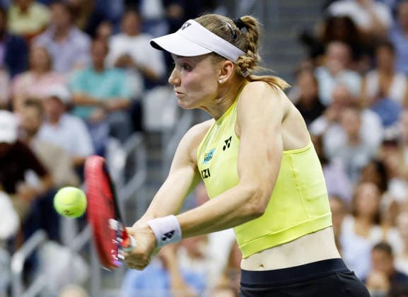 Elena Rybakina of Kazakhstanin returns a ball to Coco Gauff in the Women s Semifinal Arthur Ashe Stadium at the 2026 US Open Tennis Championship at the USTA Billie Jean King National Tennis Center in New York City on Thursday, September 10, 2026.  NYP20260910222 JOHNxANGELILLO