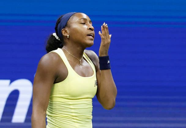 Coco Gauff reacts after losing a point to to Elena Rybakina of Kazakhstanin in the second set in the Women s Semifinal Arthur Ashe Stadium at the 2026 US Open Tennis Championship at the USTA Billie Jean King National Tennis Center in New York City on Thursday, September 10, 2026.  NYP20260910224 JOHNxANGELILLO