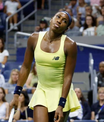 Coco Gauff reacts after losing a point to to Elena Rybakina of Kazakhstanin in the third set in the Women s Semifinal Arthur Ashe Stadium at the 2026 US Open Tennis Championship at the USTA Billie Jean King National Tennis Center in New York City on Thursday, September 10, 2026.  NYP20260910227 JOHNxANGELILLO