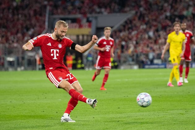 GER, Bavaria, Munich, Soccer, FC Bayern Munich vs. FK Bodo Glimt, at the Allianz Arena, Munich, Champions League, Group Stage, Matchday 1, September 10, 2026, from left: Konrad Laimer of FC Bayern Munich, 27, portrait, single image, cutout, portrait, headshot, single image, cutout. UEFA regulations prohibit any use of photographs as image sequences and or quasi-video, Copyright: HMB-Media MichaelxNibel