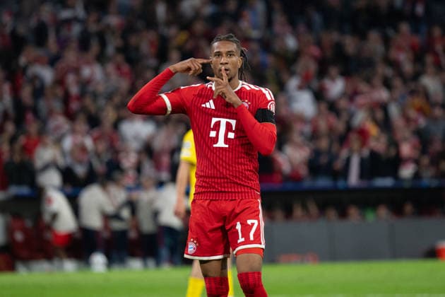 GER, Bavaria, Munich, Soccer, FC Bayern Munich vs. Bodo Glimt, at the Allianz Arena, Munich, Champions League, Group Stage, Matchday 1, September 10, 2026, from left: Michael Akpovie Olise of FC Bayern Munich, 17, portrait, single image, cutout, goal celebration, joy, emotions, cheering, celebration, goal scored, Celebrate, goal celebration, joy, emotions, celebration, cheering, goal scored, celebrate. UEFA regulations prohibit any use of photographs as image sequences and or quasi-video, Copyright: HMB-Media MichaelxNibel